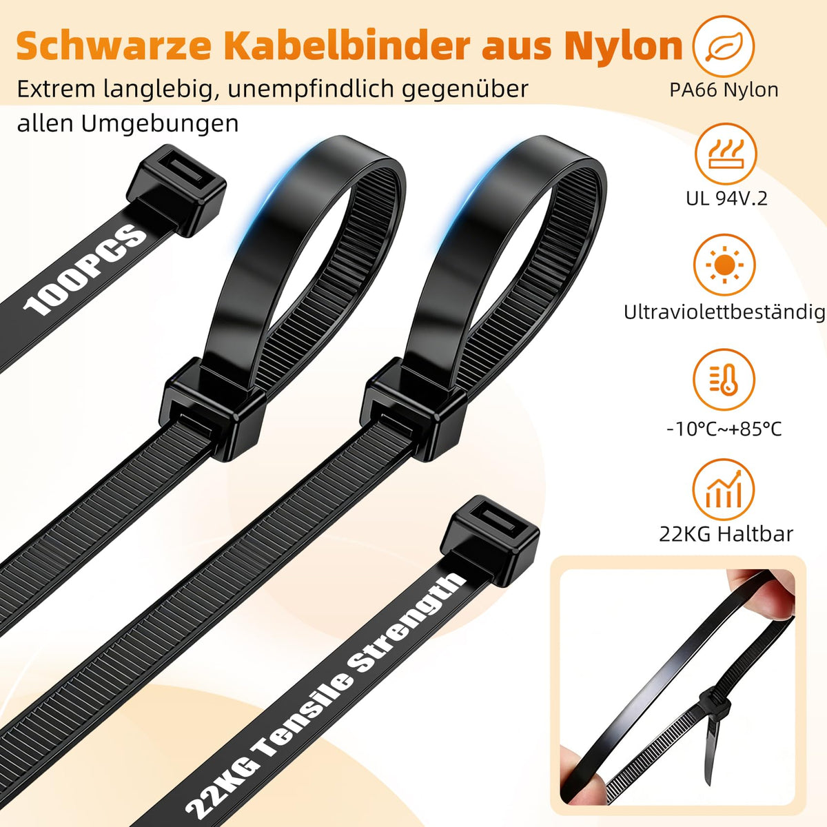 Kabelbinder Lang Schwarz, Zip Ties 100 Stück 500mm x 4,8mm für Kabelmanagement, Zugfestigkeit 22KG, UV Beständig, Cable Ties für Werkstatt, Elektroinstallation,Gartenarbeit