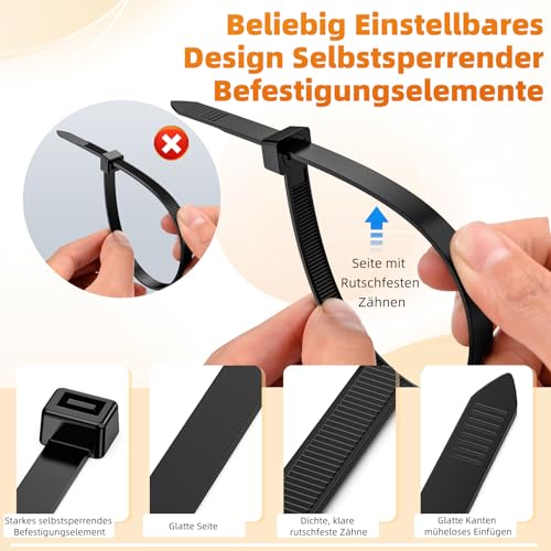 Kabelbinder Lang Schwarz, Zip Ties 100 Stück 500mm x 4,8mm für Kabelmanagement, Zugfestigkeit 22KG, UV Beständig, Cable Ties für Werkstatt, Elektroinstallation,Gartenarbeit