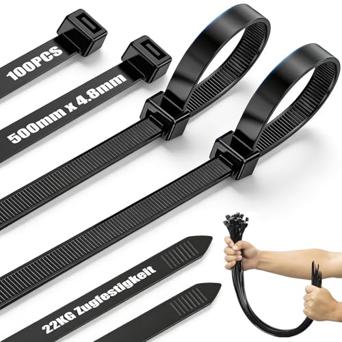 Kabelbinder Lang Schwarz, Zip Ties 100 Stück 500mm x 4,8mm für Kabelmanagement, Zugfestigkeit 22KG, UV Beständig, Cable Ties für Werkstatt, Elektroinstallation,Gartenarbeit