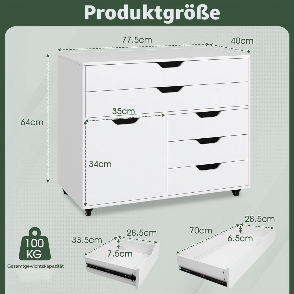 GIANTEX Rollcontainer mit 5 Schubladen & 1 Schrank, mobiler Aktenschrank mit 5 Rollen, Schubladenschrank unter Schreibtisch, 77,5 x 40 x 64 cm (Weiß)