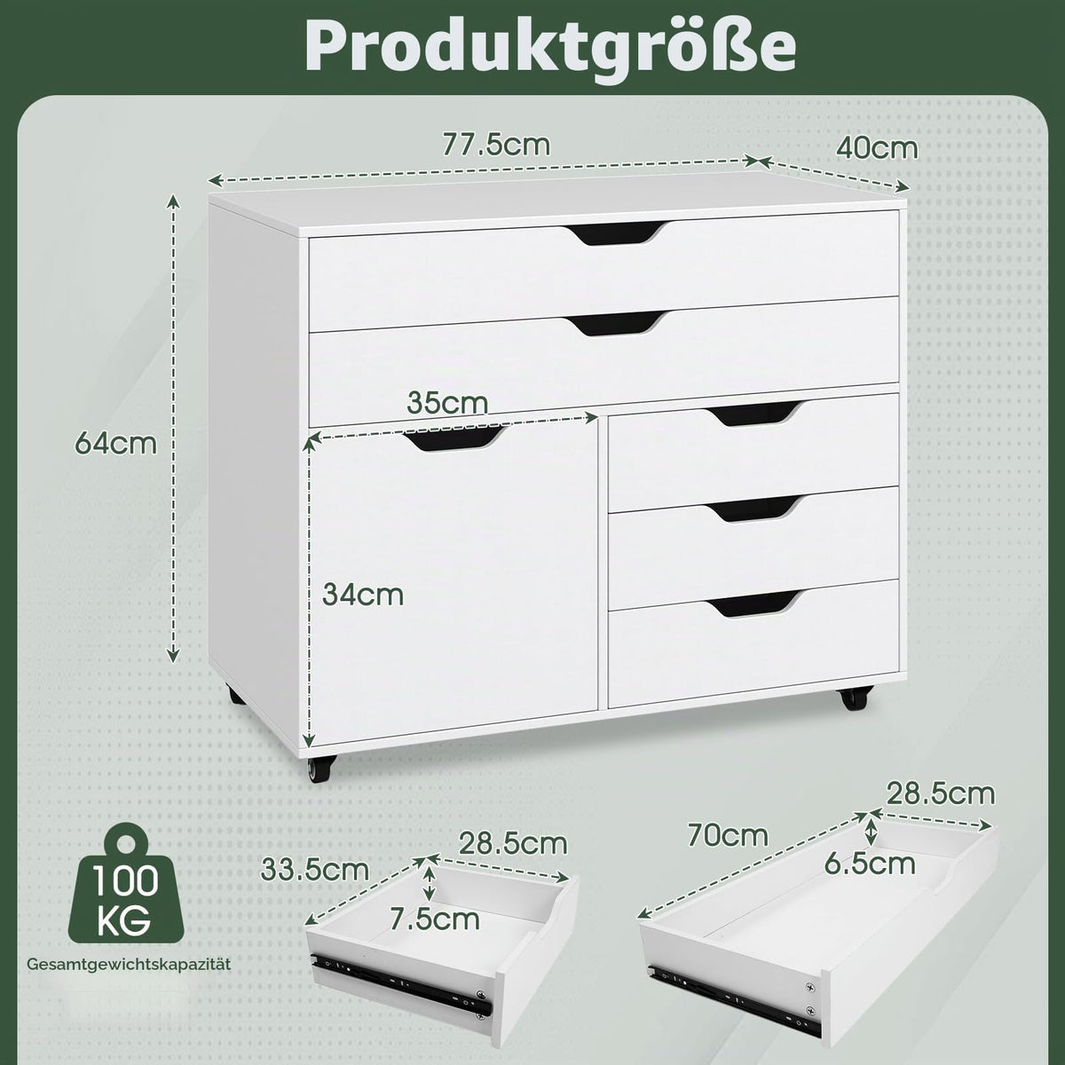 GIANTEX Rollcontainer mit 5 Schubladen & 1 Schrank, mobiler Aktenschrank mit 5 Rollen, Schubladenschrank unter Schreibtisch, 77,5 x 40 x 64 cm (Weiß)