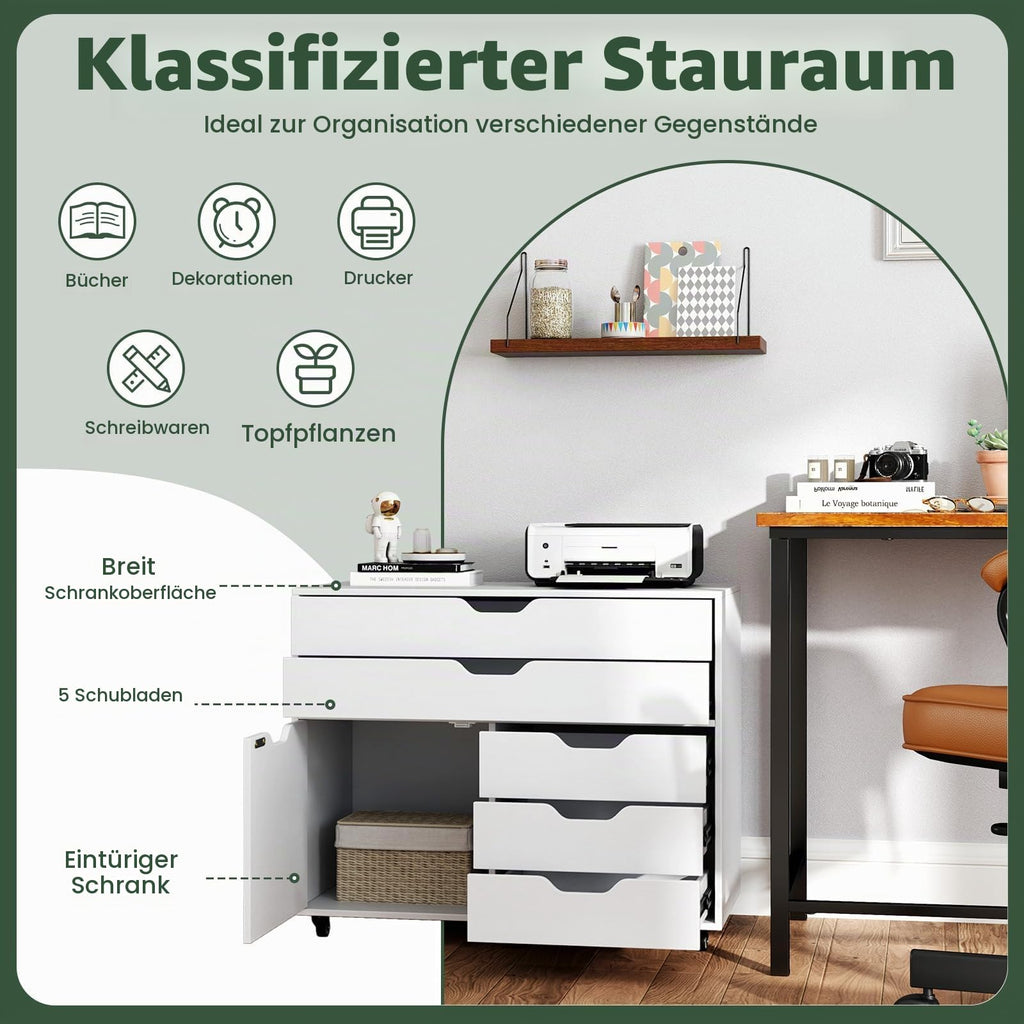 GIANTEX Rollcontainer mit 5 Schubladen & 1 Schrank, mobiler Aktenschrank mit 5 Rollen, Schubladenschrank unter Schreibtisch, 77,5 x 40 x 64 cm (Weiß)