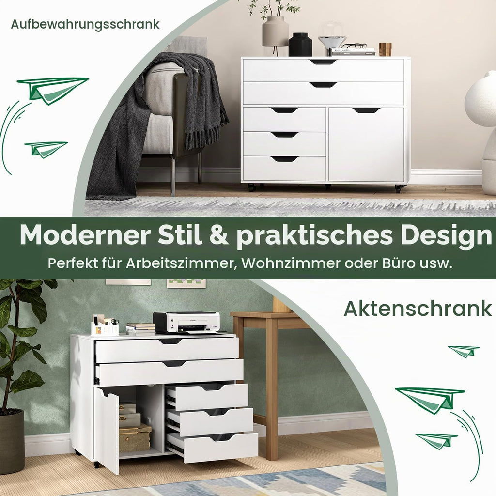 GIANTEX Rollcontainer mit 5 Schubladen & 1 Schrank, mobiler Aktenschrank mit 5 Rollen, Schubladenschrank unter Schreibtisch, 77,5 x 40 x 64 cm (Weiß)