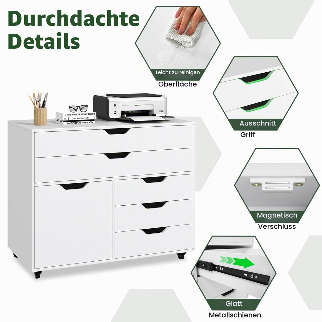 GIANTEX Rollcontainer mit 5 Schubladen & 1 Schrank, mobiler Aktenschrank mit 5 Rollen, Schubladenschrank unter Schreibtisch, 77,5 x 40 x 64 cm (Weiß)