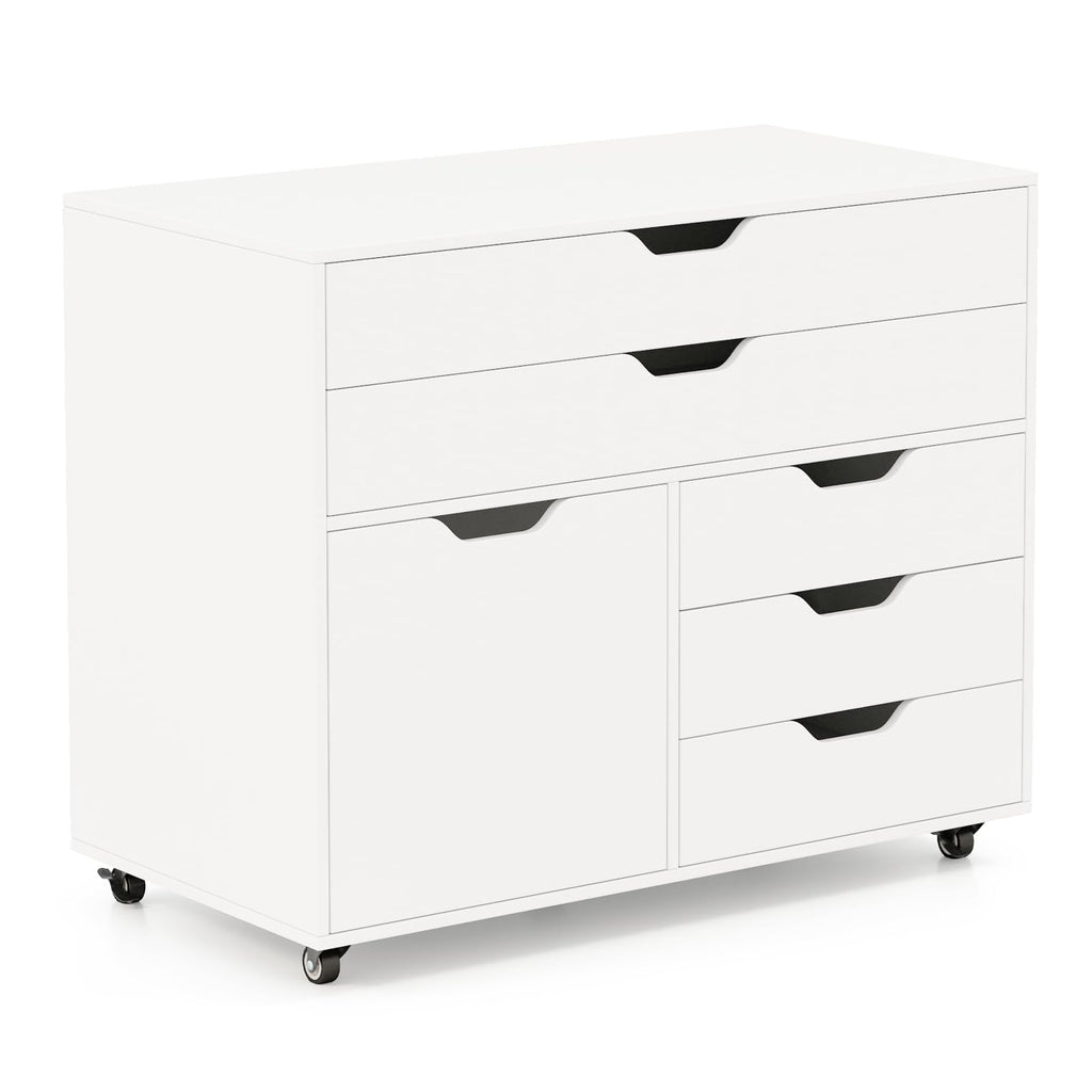 GIANTEX Rollcontainer mit 5 Schubladen & 1 Schrank, mobiler Aktenschrank mit 5 Rollen, Schubladenschrank unter Schreibtisch, 77,5 x 40 x 64 cm (Weiß)