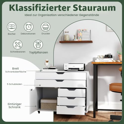 GIANTEX Rollcontainer mit 5 Schubladen & 1 Schrank, mobiler Aktenschrank mit 5 Rollen, Schubladenschrank unter Schreibtisch, 77,5 x 40 x 64 cm (Weiß)