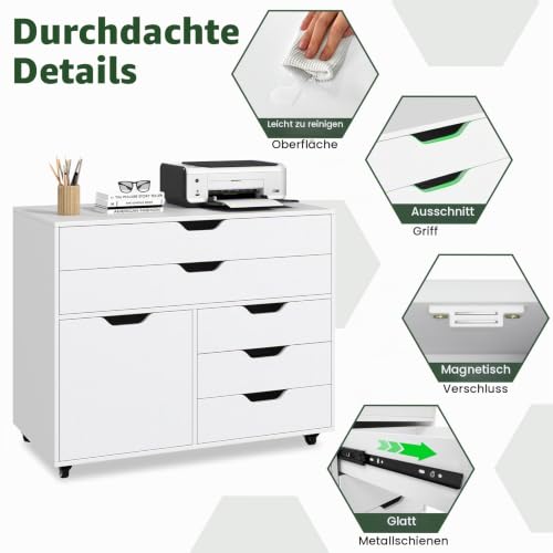 GIANTEX Rollcontainer mit 5 Schubladen & 1 Schrank, mobiler Aktenschrank mit 5 Rollen, Schubladenschrank unter Schreibtisch, 77,5 x 40 x 64 cm (Weiß)