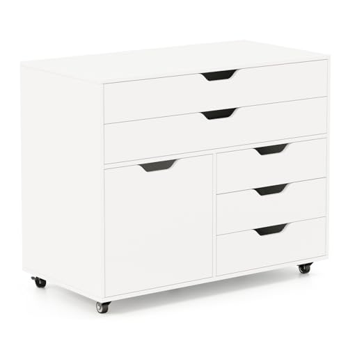 GIANTEX Rollcontainer mit 5 Schubladen & 1 Schrank, mobiler Aktenschrank mit 5 Rollen, Schubladenschrank unter Schreibtisch, 77,5 x 40 x 64 cm (Weiß)