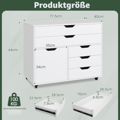 GIANTEX Rollcontainer mit 5 Schubladen & 1 Schrank, mobiler Aktenschrank mit 5 Rollen, Schubladenschrank unter Schreibtisch, 77,5 x 40 x 64 cm (Weiß)
