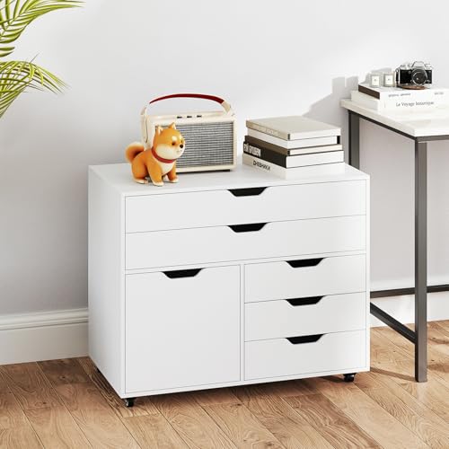 GIANTEX Rollcontainer mit 5 Schubladen & 1 Schrank, mobiler Aktenschrank mit 5 Rollen, Schubladenschrank unter Schreibtisch, 77,5 x 40 x 64 cm (Weiß)