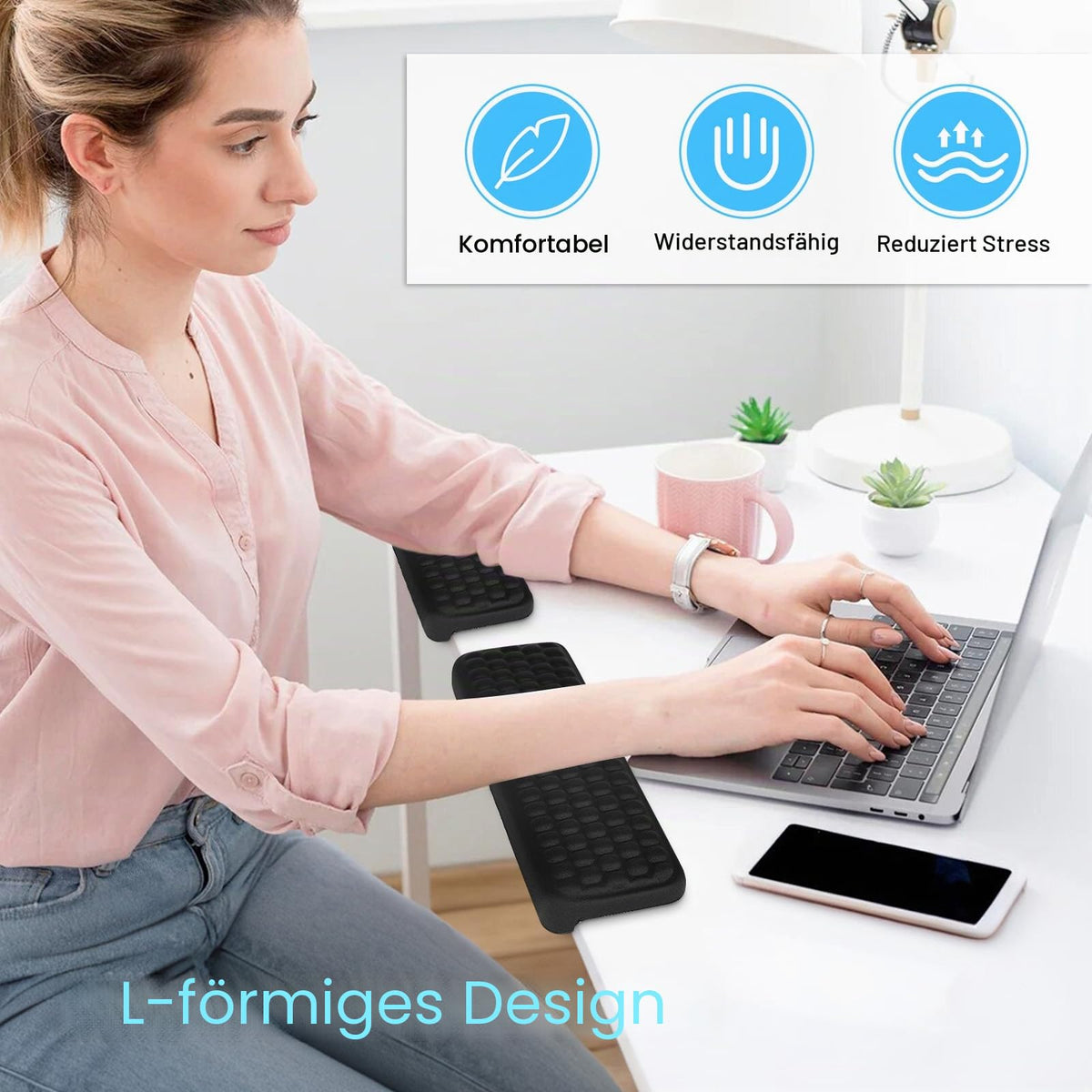 2 Stück L-Förmige Ergonomische Handgelenk Ellenbogenkissen, 30x10cm Memoryfoam Schreibtisch Handballenauflage Unterarm und Handgelenk Komfort Unterstützung für Büro Zuhause