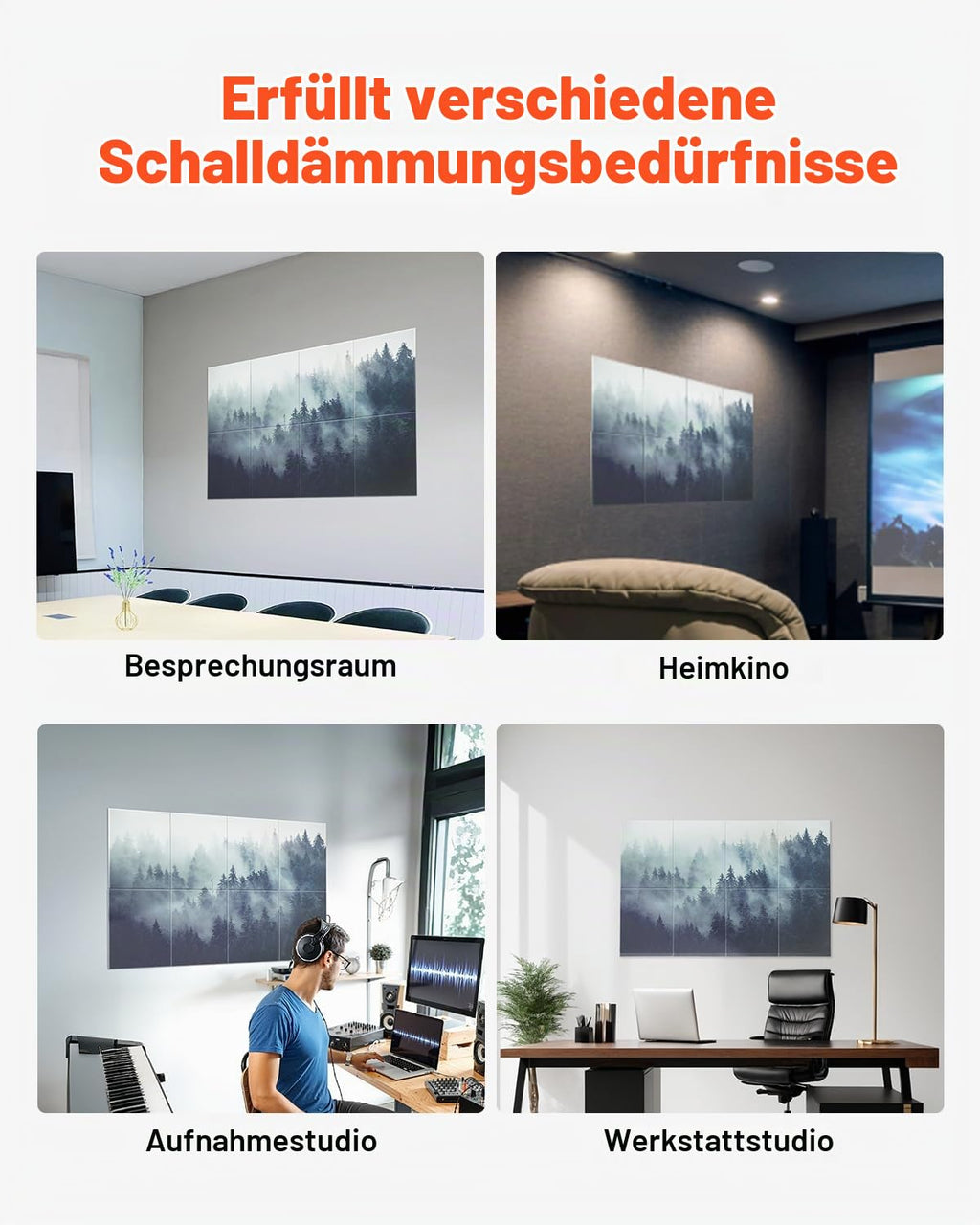 VEVOR 8er-Pack Akustikpaneele, 1200x800x10 mm, Akustik Wandpaneele, selbstklebende, schalldämpfende & absorbierende Platten für Zuhause, Büro, Studio, Spielzimmer, Theater, Wald
