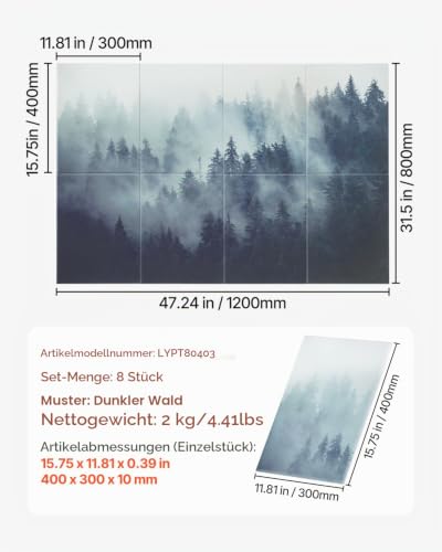 VEVOR 8er-Pack Akustikpaneele, 1200x800x10 mm, Akustik Wandpaneele, selbstklebende, schalldämpfende & absorbierende Platten für Zuhause, Büro, Studio, Spielzimmer, Theater, Wald
