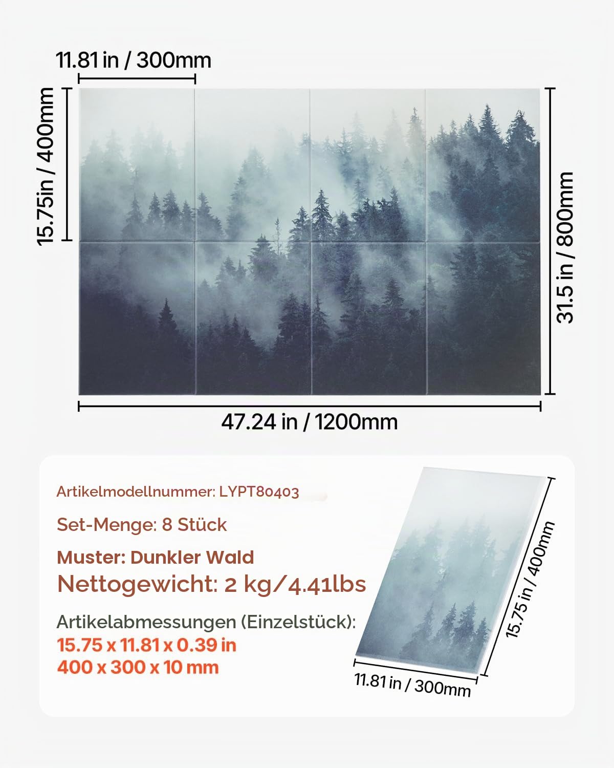 VEVOR 8er-Pack Akustikpaneele, 1200x800x10 mm, Akustik Wandpaneele, selbstklebende, schalldämpfende & absorbierende Platten für Zuhause, Büro, Studio, Spielzimmer, Theater, Wald