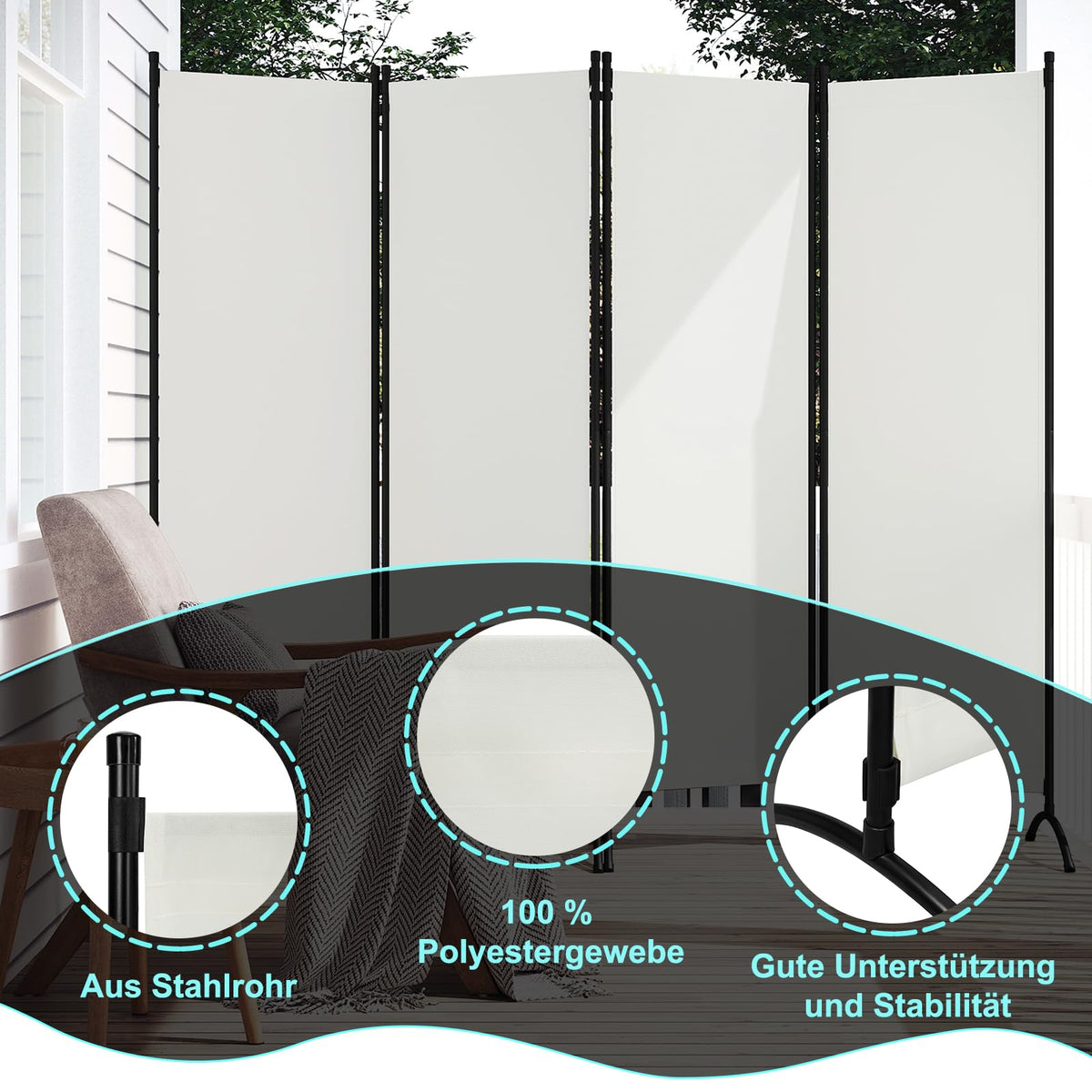 WOLTU Paravent Raumteiler 4 Teilig Freistehend Creme 224x182 cm