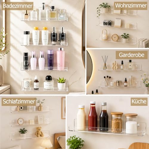 4 Stück Wandregal Ohne Bohren 40 x 10 cm Klares Wandregal, Acryl Schwebendes Regalbrett, Kleines Regal Wand für Wohnzimmer Schlafzimmer Badezimmer Küche Selbstklebend U-Typ