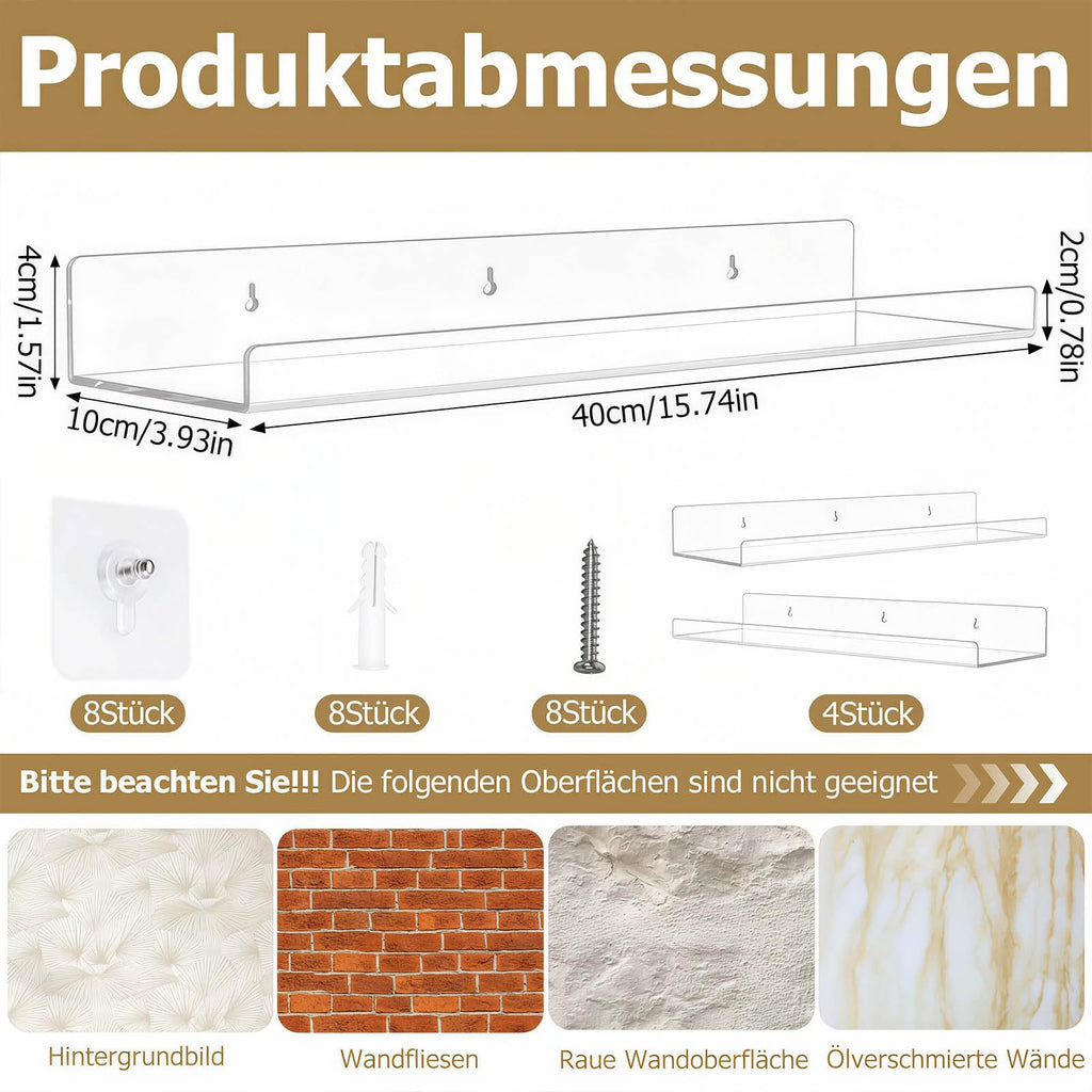 4 Stück Wandregal Ohne Bohren 40 x 10 cm Klares Wandregal, Acryl Schwebendes Regalbrett, Kleines Regal Wand für Wohnzimmer Schlafzimmer Badezimmer Küche Selbstklebend U-Typ