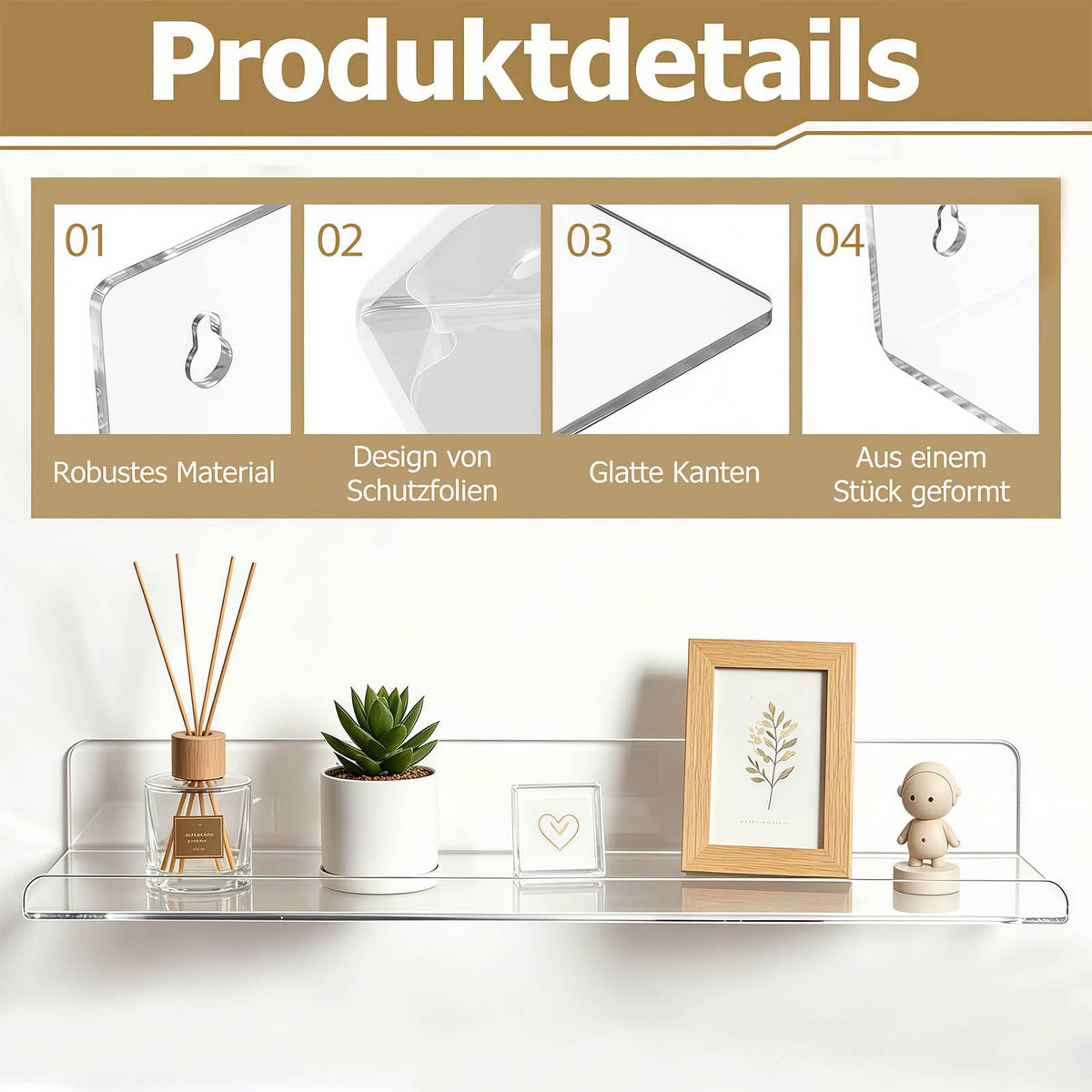 4 Stück Wandregal Ohne Bohren 40 x 10 cm Klares Wandregal, Acryl Schwebendes Regalbrett, Kleines Regal Wand für Wohnzimmer Schlafzimmer Badezimmer Küche Selbstklebend U-Typ