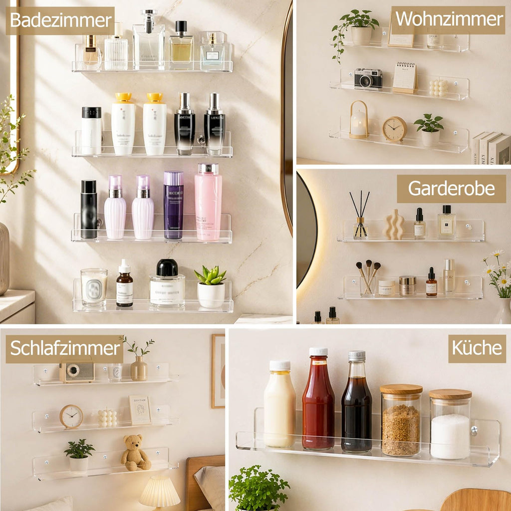 4 Stück Wandregal Ohne Bohren 40 x 10 cm Klares Wandregal, Acryl Schwebendes Regalbrett, Kleines Regal Wand für Wohnzimmer Schlafzimmer Badezimmer Küche Selbstklebend U-Typ