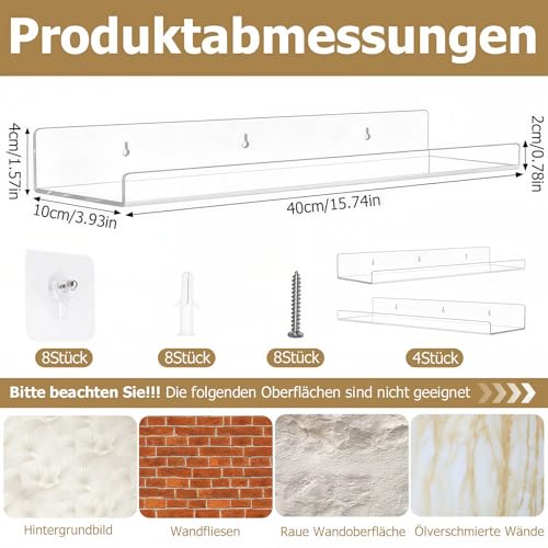 4 Stück Wandregal Ohne Bohren 40 x 10 cm Klares Wandregal, Acryl Schwebendes Regalbrett, Kleines Regal Wand für Wohnzimmer Schlafzimmer Badezimmer Küche Selbstklebend U-Typ