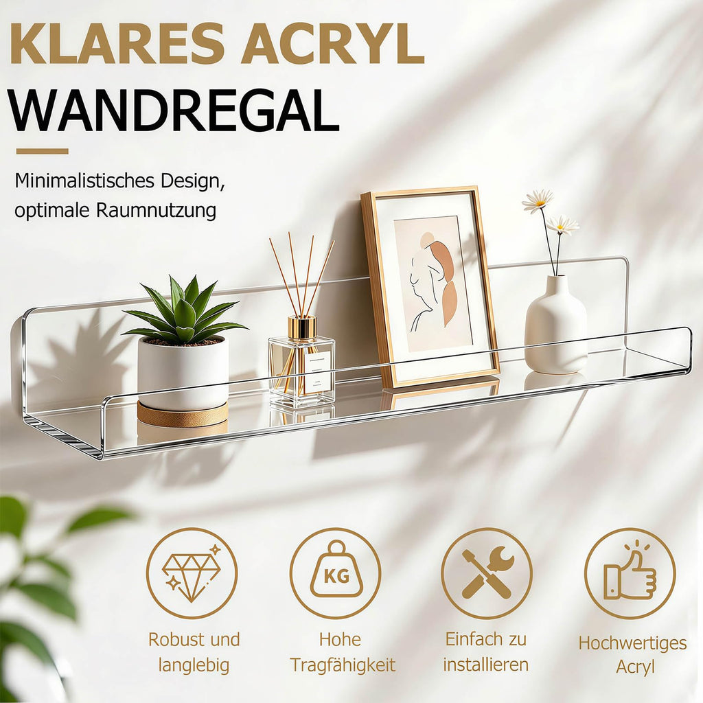 4 Stück Wandregal Ohne Bohren 40 x 10 cm Klares Wandregal, Acryl Schwebendes Regalbrett, Kleines Regal Wand für Wohnzimmer Schlafzimmer Badezimmer Küche Selbstklebend U-Typ