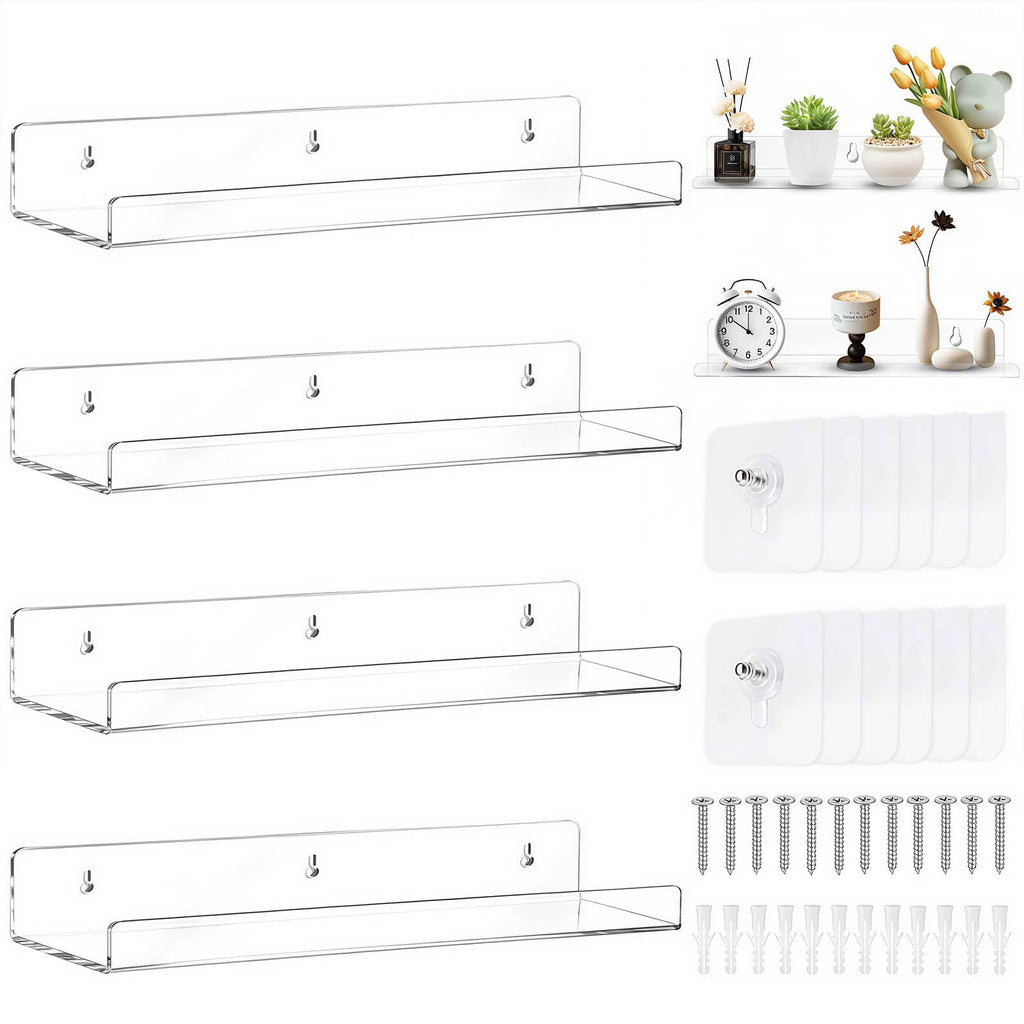4 Stück Wandregal Ohne Bohren 40 x 10 cm Klares Wandregal, Acryl Schwebendes Regalbrett, Kleines Regal Wand für Wohnzimmer Schlafzimmer Badezimmer Küche Selbstklebend U-Typ