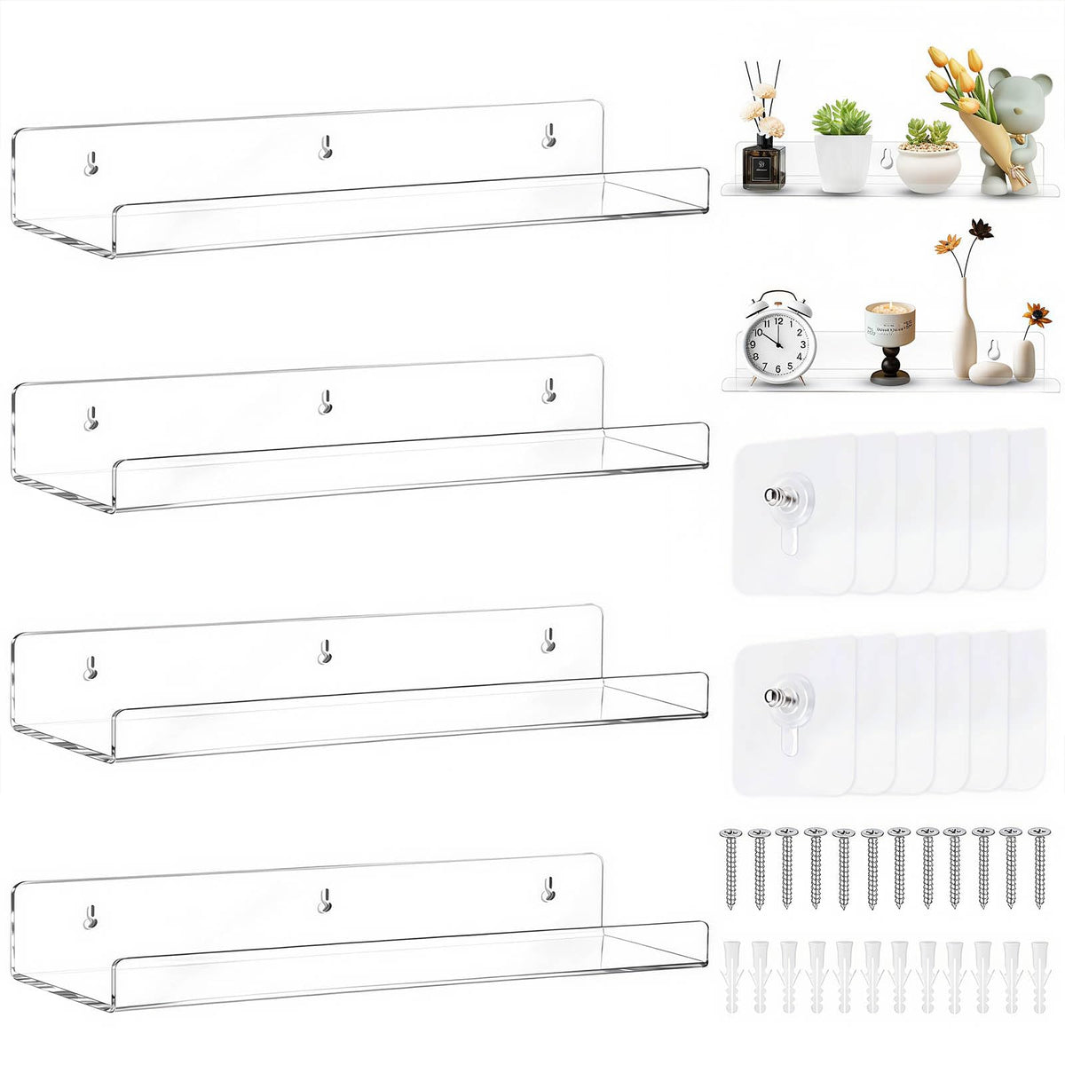 4 Stück Wandregal Ohne Bohren 40 x 10 cm Klares Wandregal, Acryl Schwebendes Regalbrett, Kleines Regal Wand für Wohnzimmer Schlafzimmer Badezimmer Küche Selbstklebend U-Typ