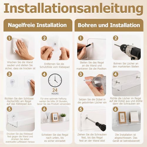 4 Stück Wandregal Ohne Bohren 40 x 10 cm Klares Wandregal, Acryl Schwebendes Regalbrett, Kleines Regal Wand für Wohnzimmer Schlafzimmer Badezimmer Küche Selbstklebend U-Typ