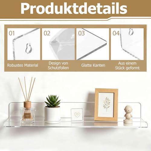 4 Stück Wandregal Ohne Bohren 40 x 10 cm Klares Wandregal, Acryl Schwebendes Regalbrett, Kleines Regal Wand für Wohnzimmer Schlafzimmer Badezimmer Küche Selbstklebend U-Typ
