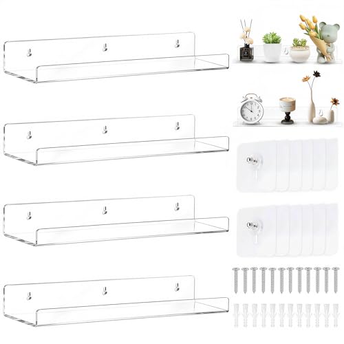 4 Stück Wandregal Ohne Bohren 40 x 10 cm Klares Wandregal, Acryl Schwebendes Regalbrett, Kleines Regal Wand für Wohnzimmer Schlafzimmer Badezimmer Küche Selbstklebend U-Typ