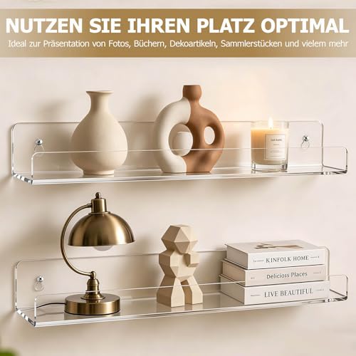 4 Stück Wandregal Ohne Bohren 40 x 10 cm Klares Wandregal, Acryl Schwebendes Regalbrett, Kleines Regal Wand für Wohnzimmer Schlafzimmer Badezimmer Küche Selbstklebend U-Typ