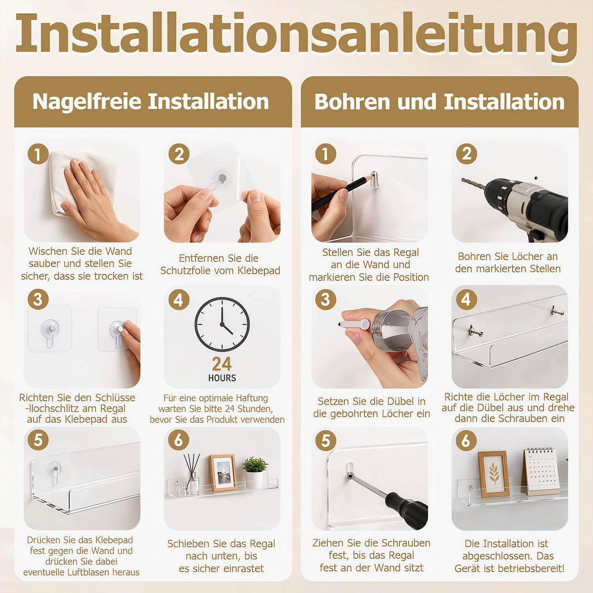 4 Stück Wandregal Ohne Bohren 40 x 10 cm Klares Wandregal, Acryl Schwebendes Regalbrett, Kleines Regal Wand für Wohnzimmer Schlafzimmer Badezimmer Küche Selbstklebend U-Typ