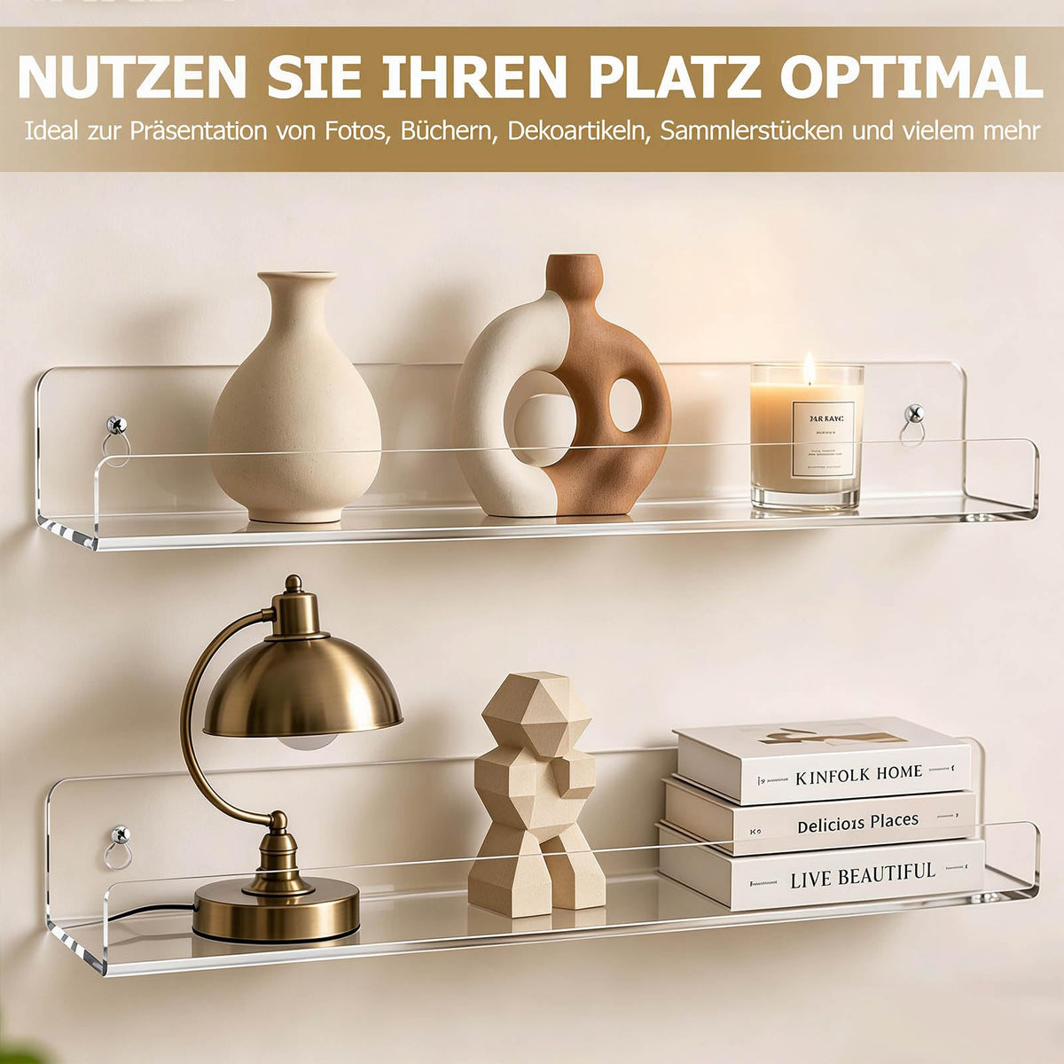 4 Stück Wandregal Ohne Bohren 40 x 10 cm Klares Wandregal, Acryl Schwebendes Regalbrett, Kleines Regal Wand für Wohnzimmer Schlafzimmer Badezimmer Küche Selbstklebend U-Typ