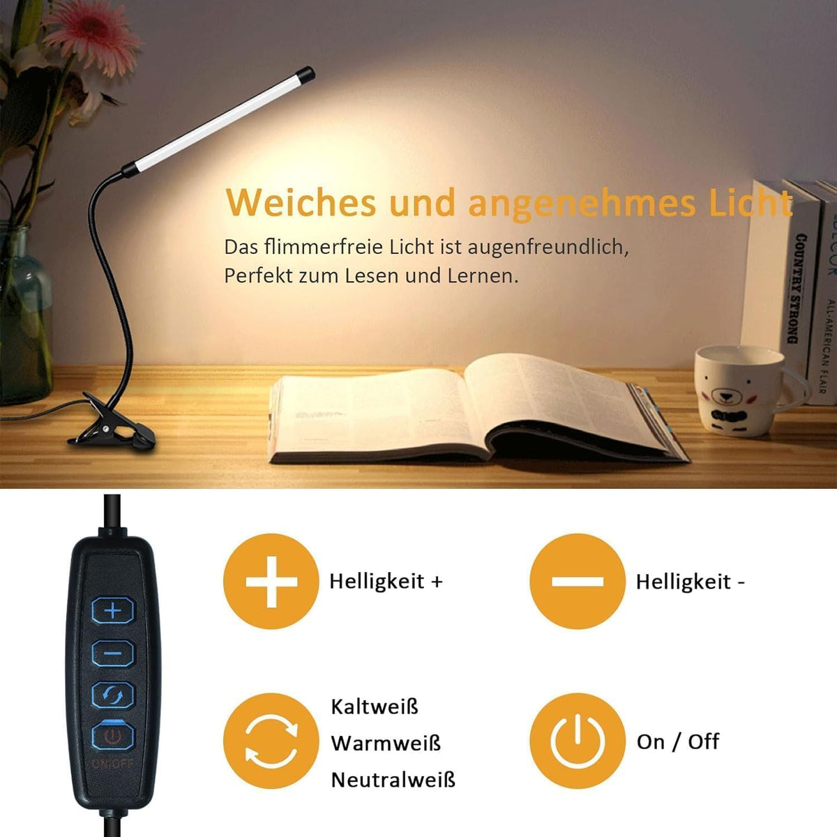 Akynite LED Schreibtischlampe Klemmbar Schwarz, Adapter enthalten, USB-Anschluss Klemmlampe mit Kabel, 3 Farbwechsel 10 Helligkeit, LED Schwanenhals Lampe Klemme, Leselampe Bett
