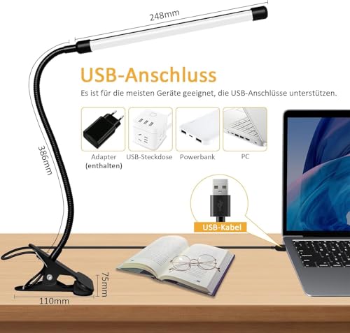 Akynite LED Schreibtischlampe Klemmbar Schwarz, Adapter enthalten, USB-Anschluss Klemmlampe mit Kabel, 3 Farbwechsel 10 Helligkeit, LED Schwanenhals Lampe Klemme, Leselampe Bett