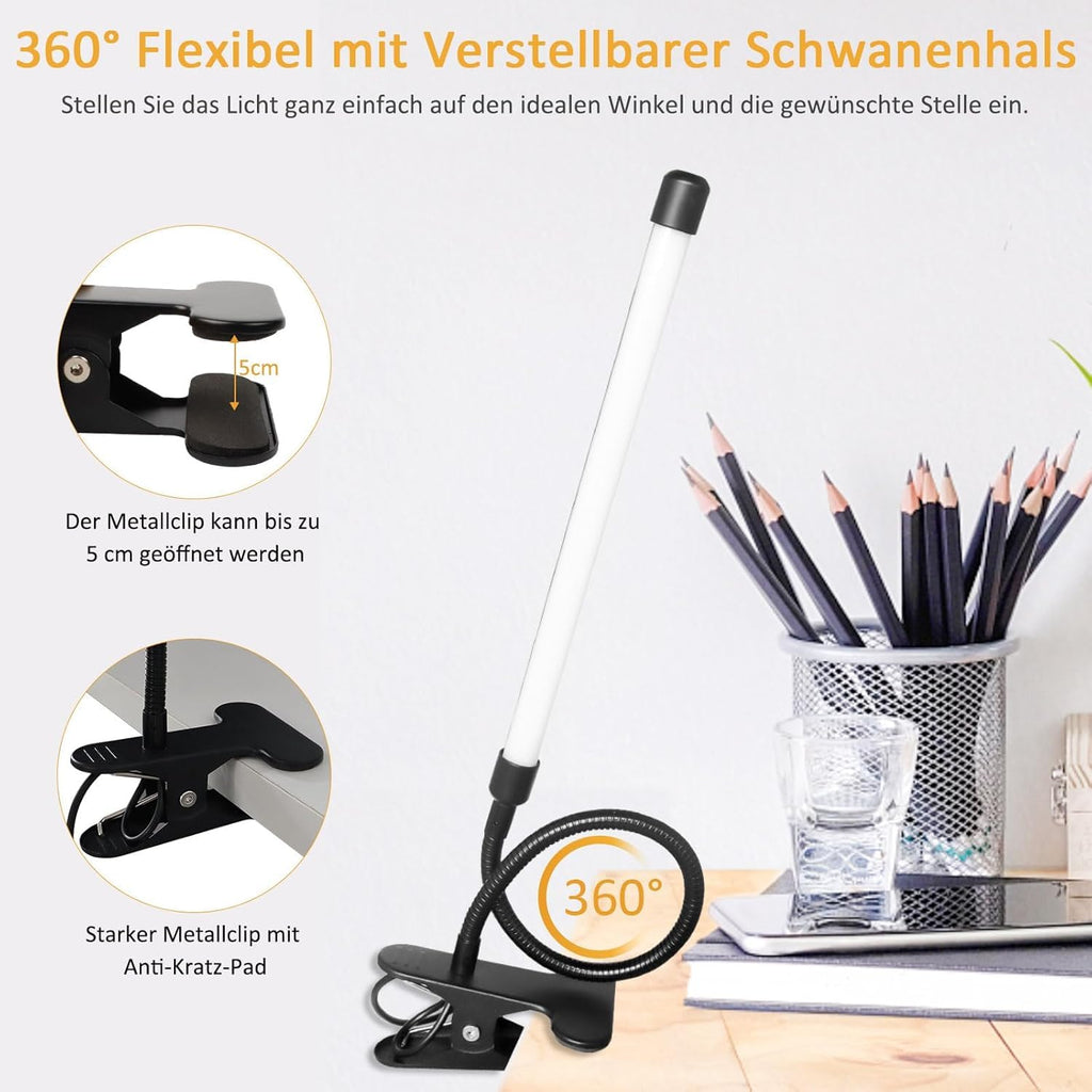 Akynite LED Schreibtischlampe Klemmbar Schwarz, Adapter enthalten, USB-Anschluss Klemmlampe mit Kabel, 3 Farbwechsel 10 Helligkeit, LED Schwanenhals Lampe Klemme, Leselampe Bett