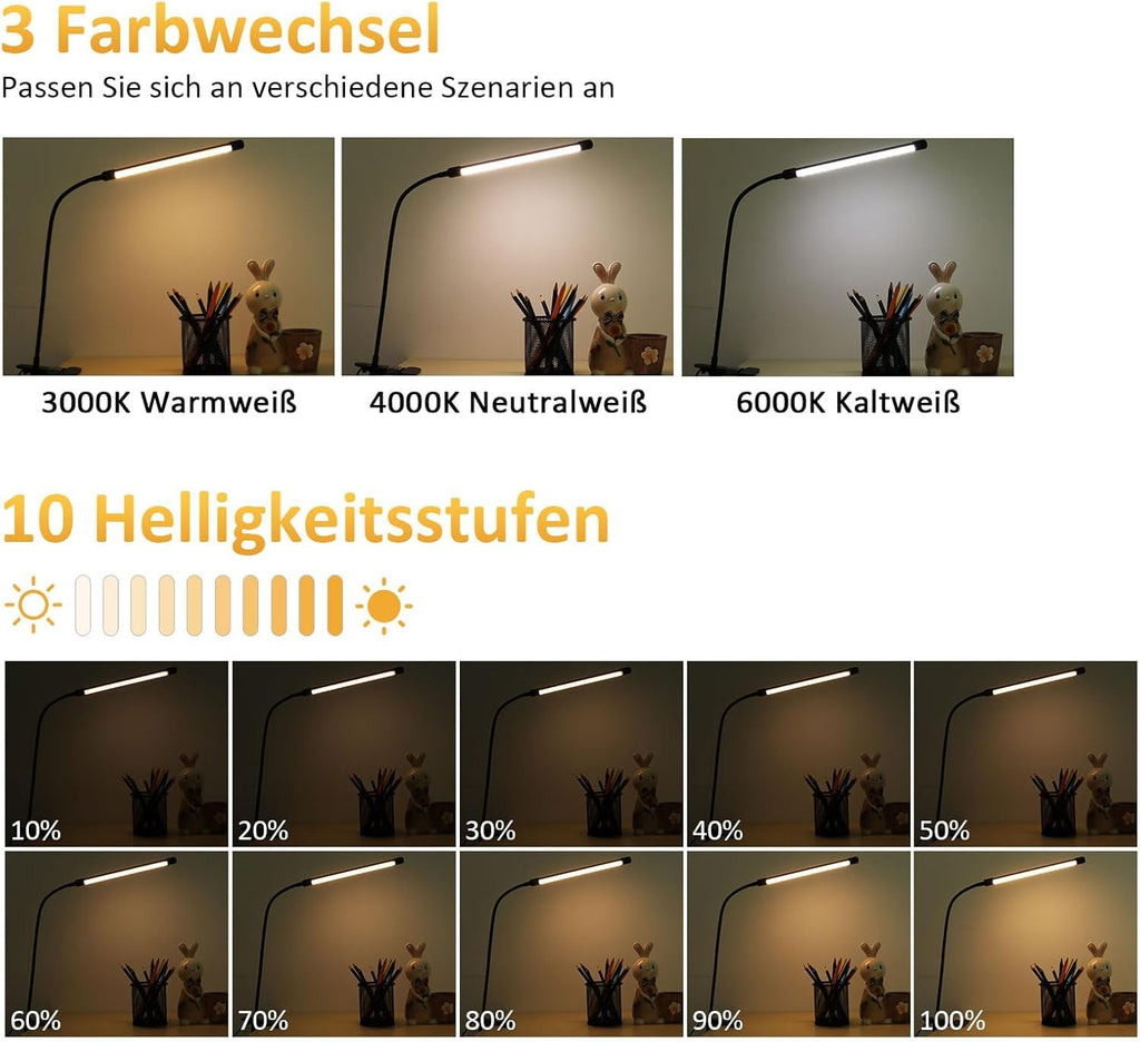 Akynite LED Schreibtischlampe Klemmbar Schwarz, Adapter enthalten, USB-Anschluss Klemmlampe mit Kabel, 3 Farbwechsel 10 Helligkeit, LED Schwanenhals Lampe Klemme, Leselampe Bett