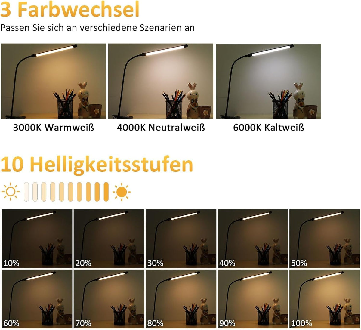 Akynite LED Schreibtischlampe Klemmbar Schwarz, Adapter enthalten, USB-Anschluss Klemmlampe mit Kabel, 3 Farbwechsel 10 Helligkeit, LED Schwanenhals Lampe Klemme, Leselampe Bett