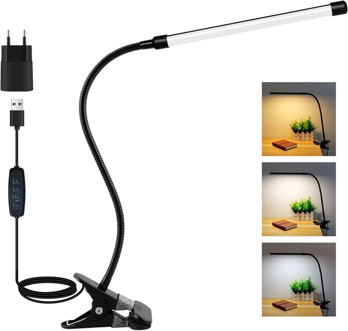 Akynite LED Schreibtischlampe Klemmbar Schwarz, Adapter enthalten, USB-Anschluss Klemmlampe mit Kabel, 3 Farbwechsel 10 Helligkeit, LED Schwanenhals Lampe Klemme, Leselampe Bett