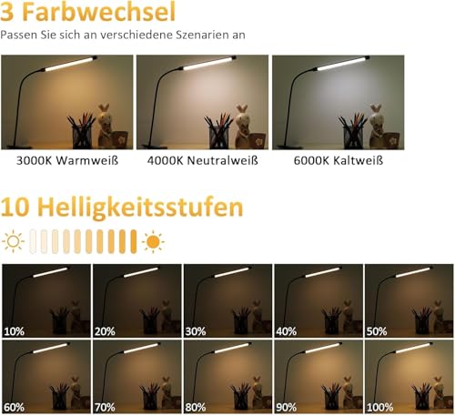 Akynite LED Schreibtischlampe Klemmbar Schwarz, Adapter enthalten, USB-Anschluss Klemmlampe mit Kabel, 3 Farbwechsel 10 Helligkeit, LED Schwanenhals Lampe Klemme, Leselampe Bett