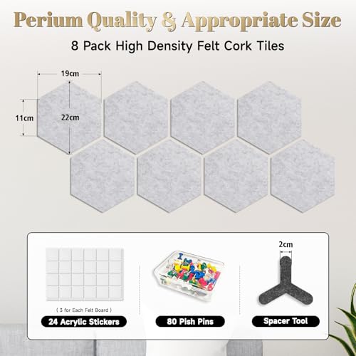 Hexagon Filz Pinnwand Selbstklebend, 8 Stück, 12mm dicke, Grau