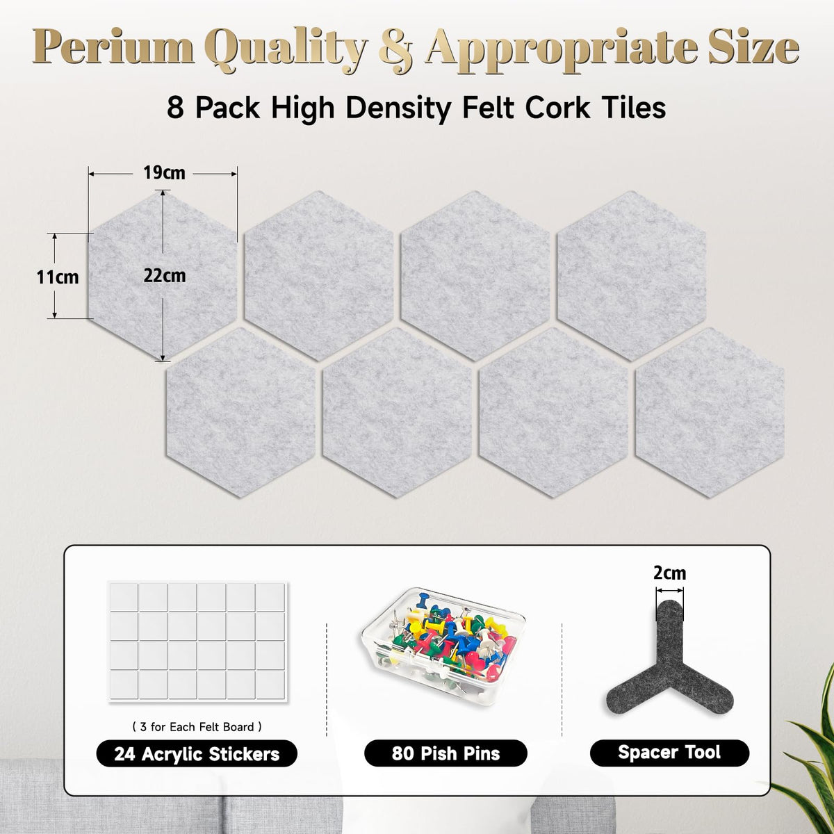 Hexagon Filz Pinnwand Selbstklebend, 8 Stück, 12mm dicke, Grau