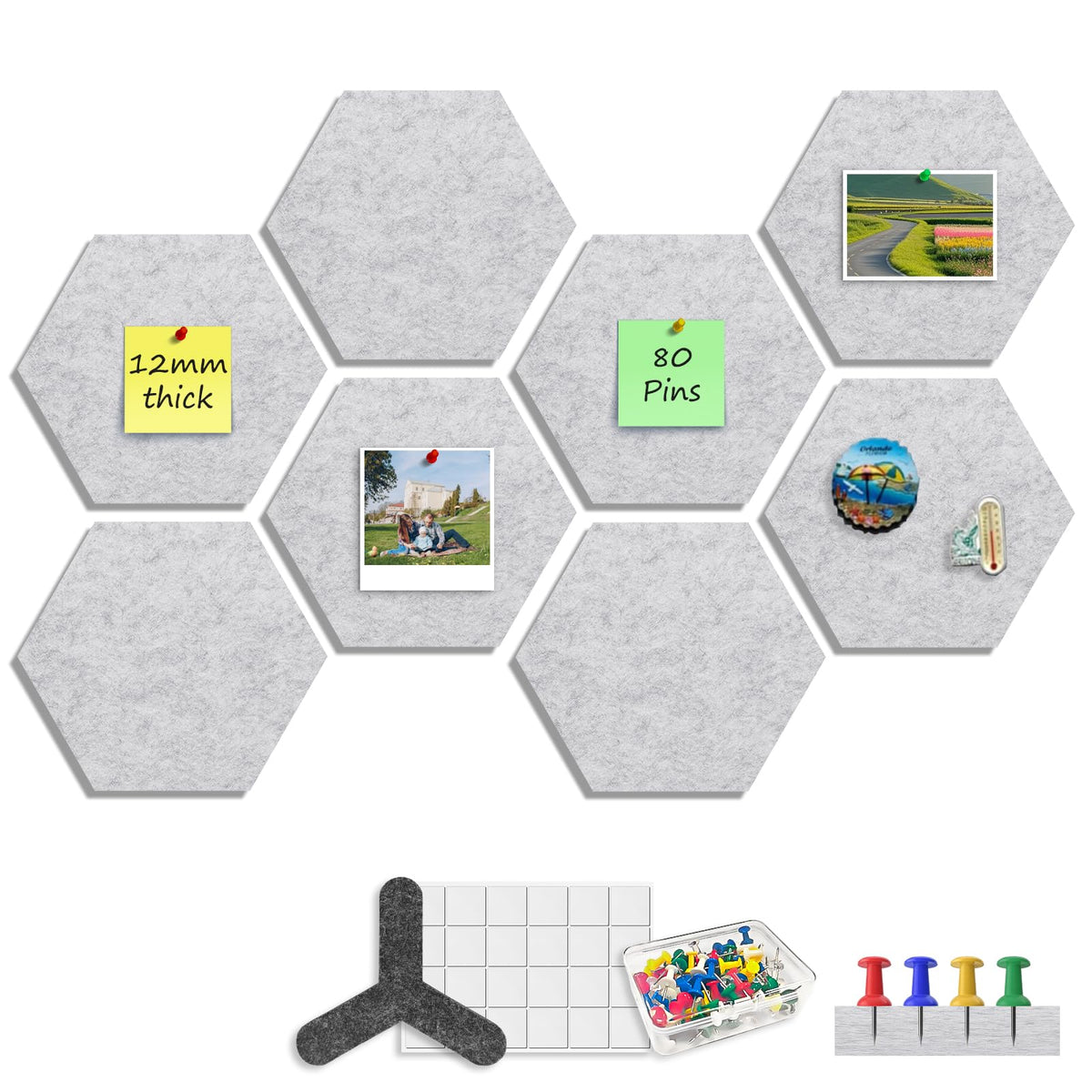 Hexagon Filz Pinnwand Selbstklebend, 8 Stück, 12mm dicke, Grau