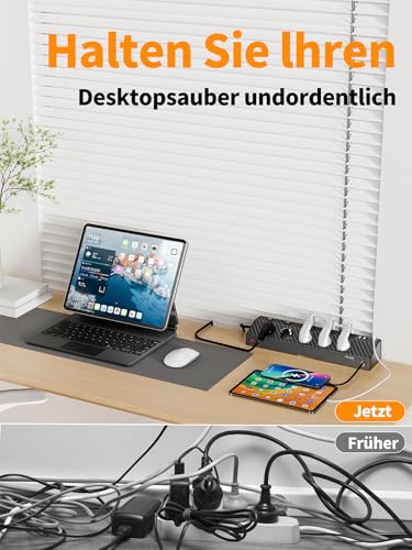 Tischsteckdose Steckdosenleiste mit 2 USB C (PD 30W), PASSUS 5 Fach Mehrfachsteckdose Schreibtisch mit Überspannungsschutz & Einzeln Schaltbar, 10-in-1 Ecksteckdose mit 2M Kabel für Büro, Schwarz