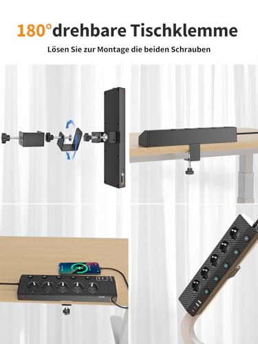 Tischsteckdose Steckdosenleiste mit 2 USB C (PD 30W), PASSUS 5 Fach Mehrfachsteckdose Schreibtisch mit Überspannungsschutz & Einzeln Schaltbar, 10-in-1 Ecksteckdose mit 2M Kabel für Büro, Schwarz