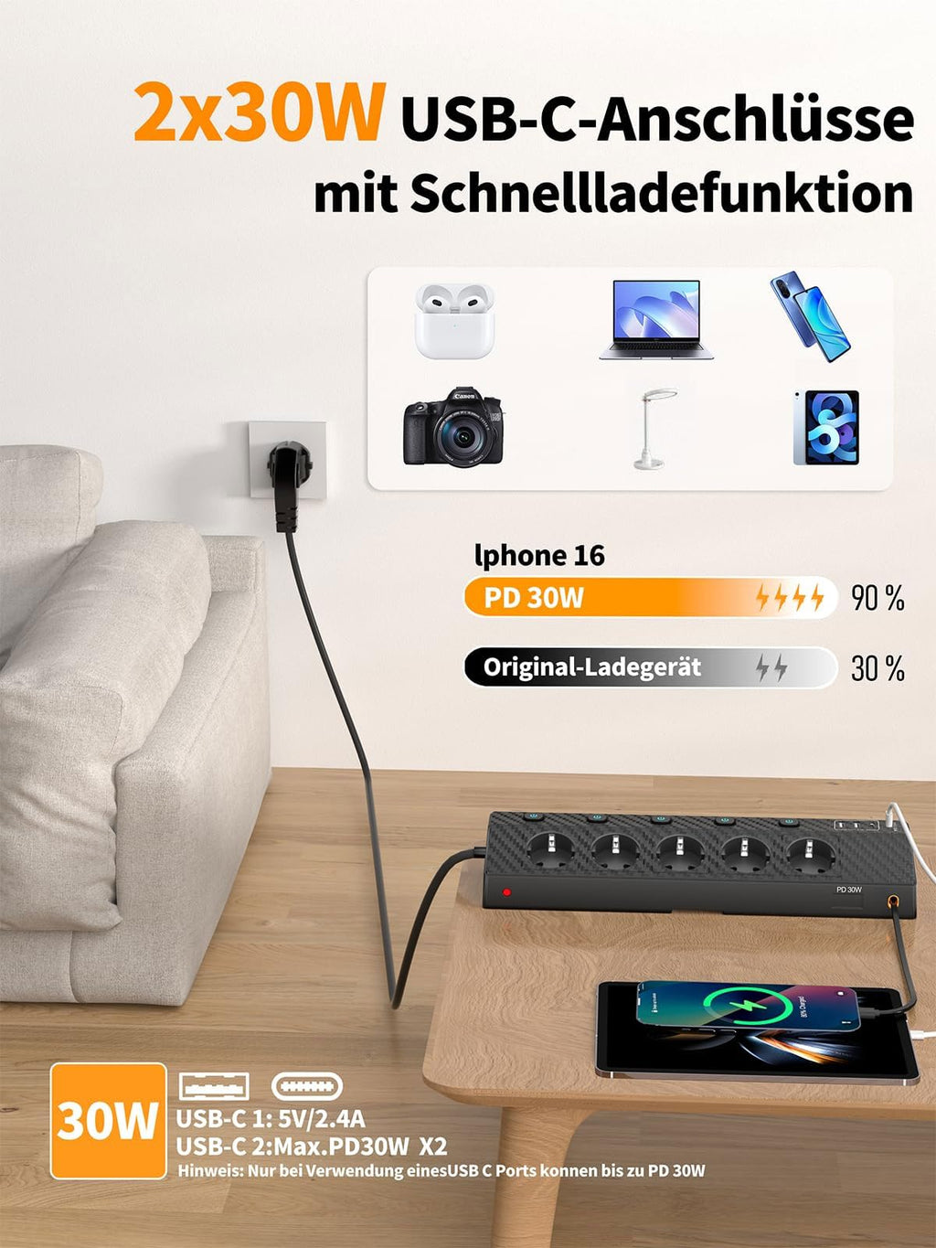 Tischsteckdose Steckdosenleiste mit 2 USB C (PD 30W), PASSUS 5 Fach Mehrfachsteckdose Schreibtisch mit Überspannungsschutz & Einzeln Schaltbar, 10-in-1 Ecksteckdose mit 2M Kabel für Büro, Schwarz