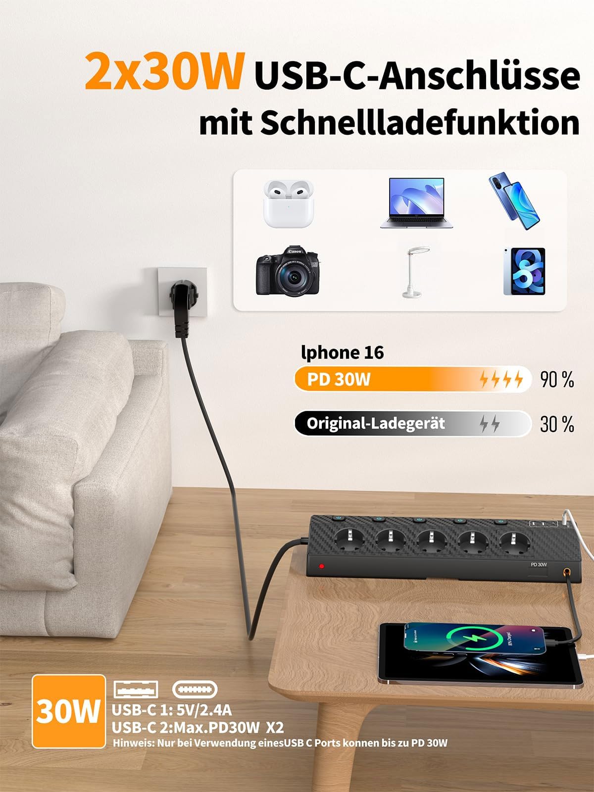 Tischsteckdose Steckdosenleiste mit 2 USB C (PD 30W), PASSUS 5 Fach Mehrfachsteckdose Schreibtisch mit Überspannungsschutz & Einzeln Schaltbar, 10-in-1 Ecksteckdose mit 2M Kabel für Büro, Schwarz