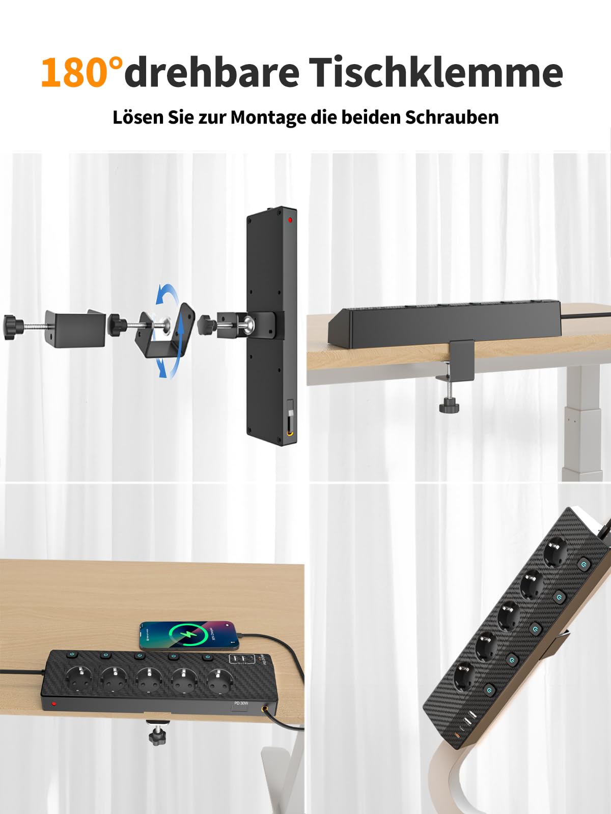 Tischsteckdose Steckdosenleiste mit 2 USB C (PD 30W), PASSUS 5 Fach Mehrfachsteckdose Schreibtisch mit Überspannungsschutz & Einzeln Schaltbar, 10-in-1 Ecksteckdose mit 2M Kabel für Büro, Schwarz