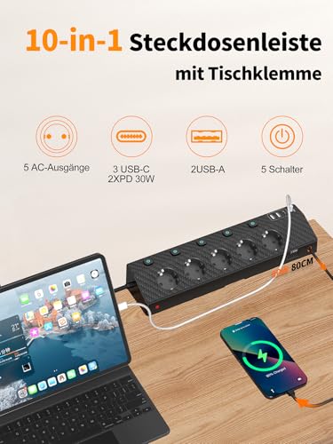 Tischsteckdose Steckdosenleiste mit 2 USB C (PD 30W), PASSUS 5 Fach Mehrfachsteckdose Schreibtisch mit Überspannungsschutz & Einzeln Schaltbar, 10-in-1 Ecksteckdose mit 2M Kabel für Büro, Schwarz