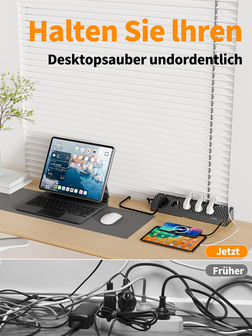 Tischsteckdose Steckdosenleiste mit 2 USB C (PD 30W), PASSUS 5 Fach Mehrfachsteckdose Schreibtisch mit Überspannungsschutz & Einzeln Schaltbar, 10-in-1 Ecksteckdose mit 2M Kabel für Büro, Schwarz